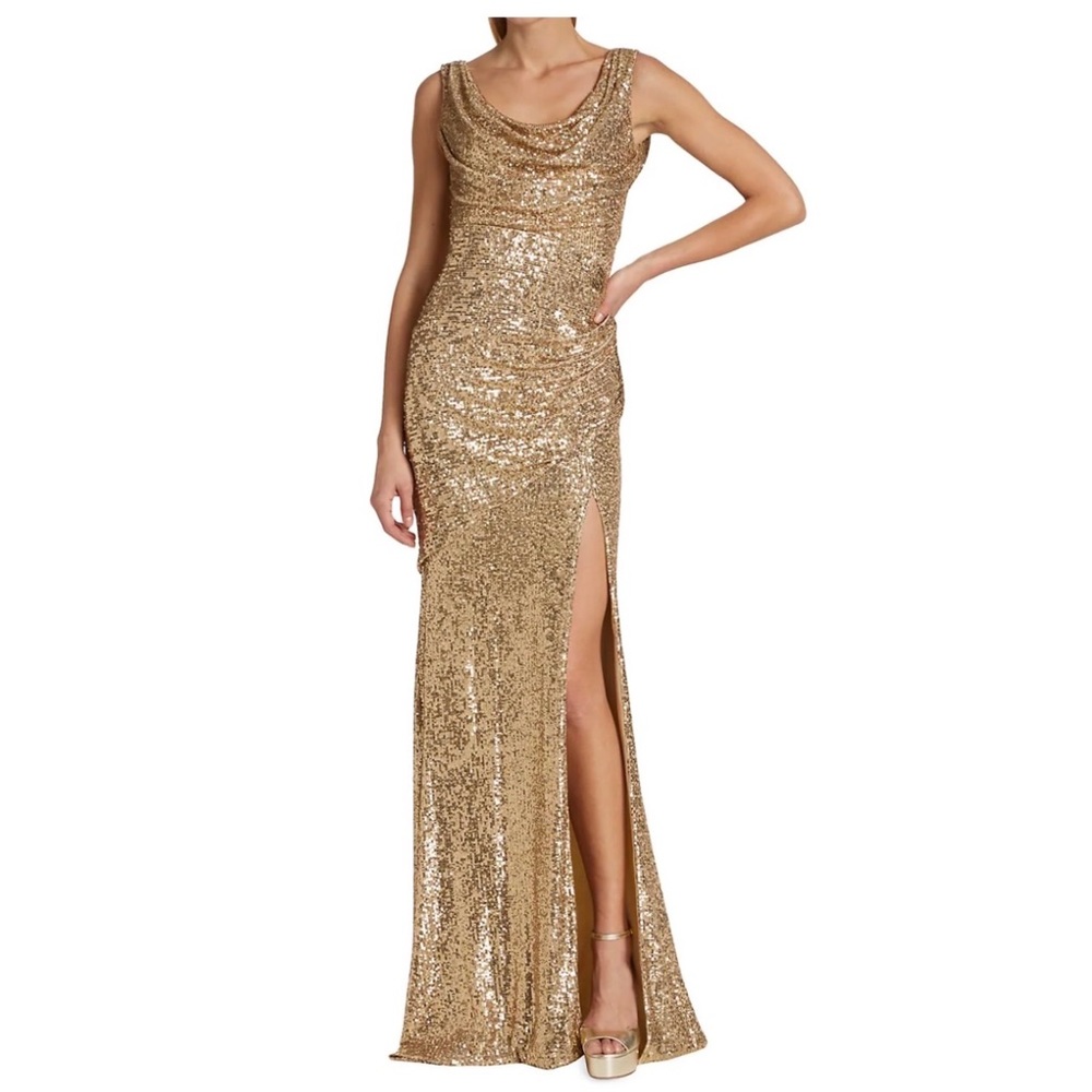 PAMELLA ROLAND SEQUIN COWL NECK GOWN